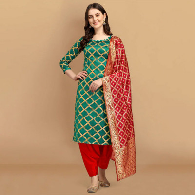 Green & Red Unstitched Dress Material