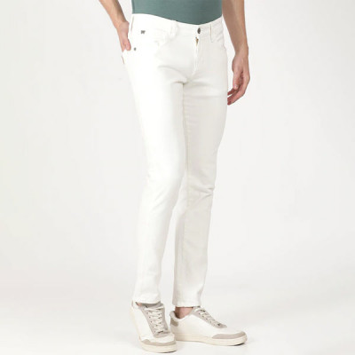 "Men White Solid Cotton Slim Fit Jeans "