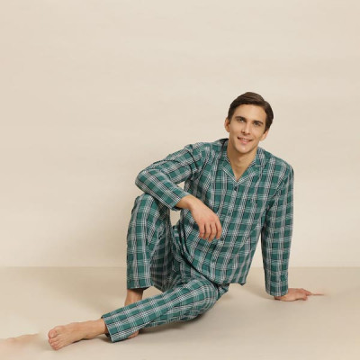 Men Green & White Checked Cotton Night suit